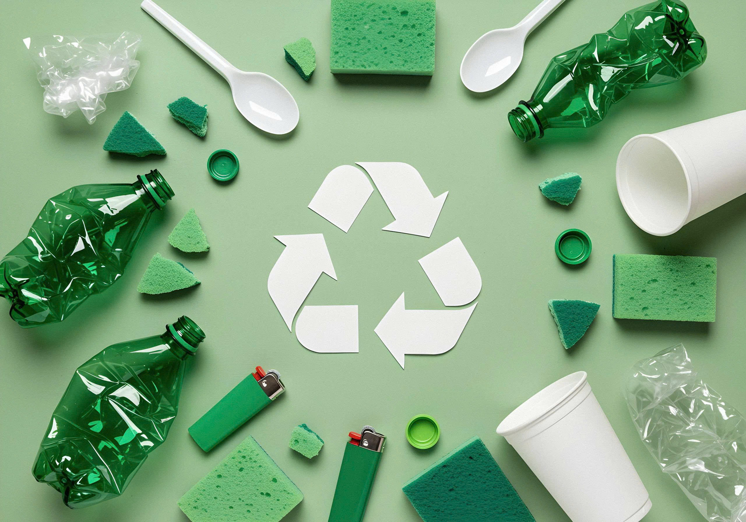 Circular economy and recycling materials on a green background